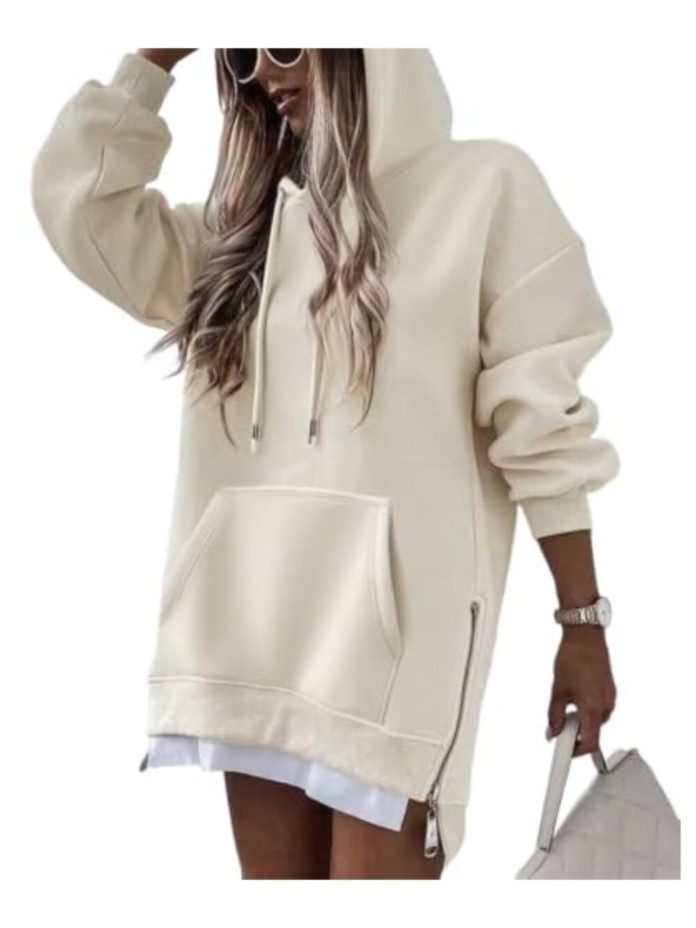 Oversized Long Hoodie Dress Cozy Knit Pullover Sweatshirt Zip Side Slit